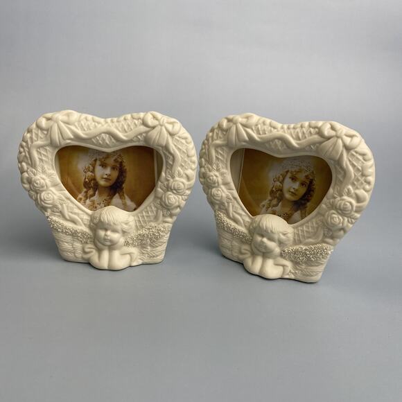 Vintage Ceramic Cherub Angel Photo Frame 4x3.5 Inch 2 PACK Bundle - Picture 1 of 10